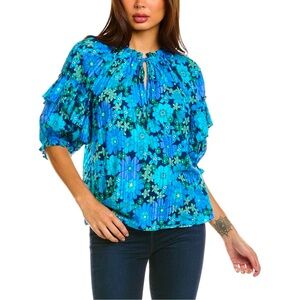 NEW NWT Ramy Brook Eugenia Accordian Tropical Blue Retro Floral Top Blouse XXL